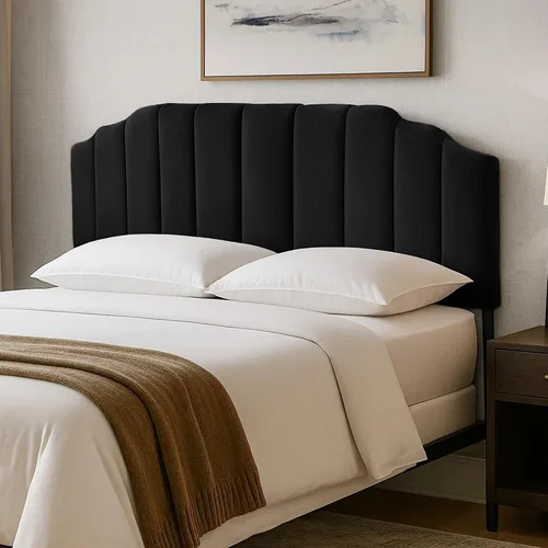 Miniatura 9 de Cabecera tapizada de altura ajustable, cabecera de terciopelo crema, diseño moderno de canal vertical con borde superior de silueta escalonada Beige