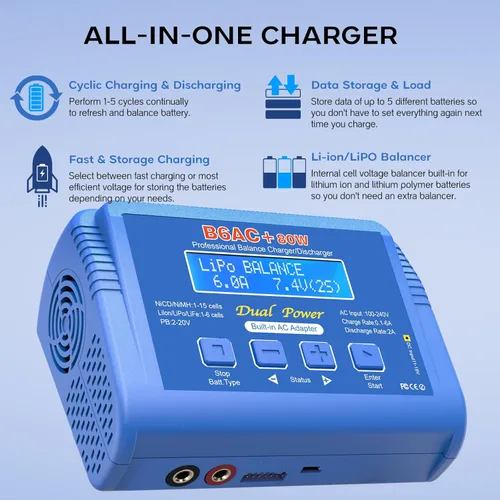 Miniatura 6 de Cargador LiPo Cargador de batería de equilibrio rápido Descargador de batería 80W 6A Smart Digital Battery Pack Cargadores para 1S-6S LiPo Life
