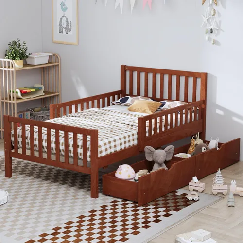 Miniatura 25 de VilroCaz Moderna cabecera de almacenamiento de cama de tamaño individual y barandilla de seguridad para niños, base de cama de plataforma de madera