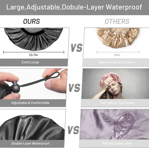 Miniatura 6 de Auban Gorro de ducha para mujer, ajustable, reutilizable, extragrande, gorro de baño impermeable de doble capa, exterior impermeable, forro de EVA
