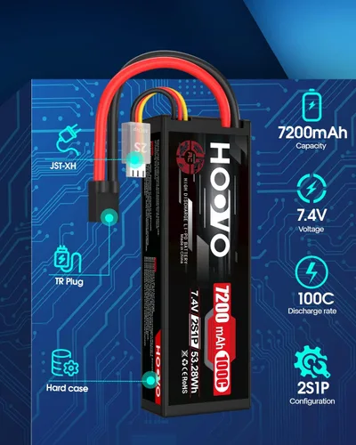 Miniatura 2 de HOOVO 2S Lipo Battery 7.4V 7200mAh 100C RC Lipo Battery Pack Estuche rígido con enchufe TR compatible con camiones RC 1/8 y 1/10 vehículos RC Car