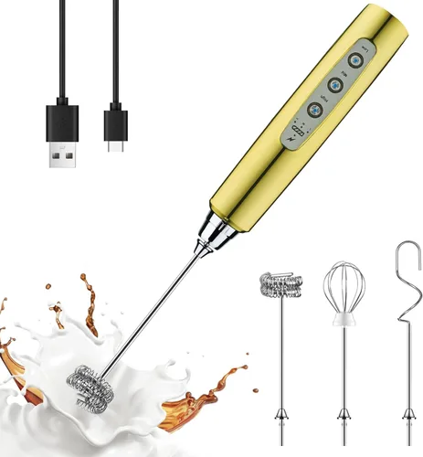 Miniatura 35 de YUSWKO - Espumador de leche recargable de mano con 3 cabezas, mezclador de bebidas con 3 velocidades ajustables para latte, cappuccino, chocolate