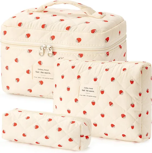 Miniatura 29 de HBselect Bolsa de maquillaje acolchada, 3 piezas de algodón grande, bolsa de maquillaje de viaje, bonita bolsa de maquillaje floral de coqueta