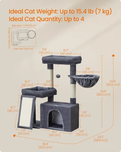 Miniatura 5 de Feandrea Árbol para gatos, torre para gatos con postes rascadores y rampa, 2 perchas grandes, cueva, canasta, 33.8 pulgadas de alto, gris oscuro