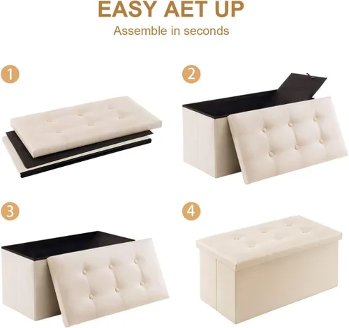 Miniatura 7 de YOUDENOVA Otomana plegable de almacenamiento, otomana de piel sintética, reposapiés otomano, asiento acolchado para dormitorio y sala de estar, Beige
