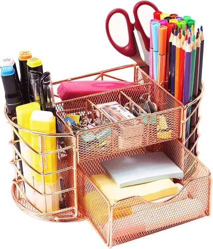 Organizador de escritorio, soporte para bolígrafos para escritorio, organizador de lápices de metal para suministros de oficina de escritorio (oro