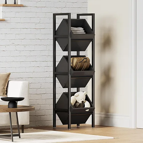 Miniatura 2 de LITTLE TREE Soporte de cesta de 3 niveles, estante de madera para piso, organizador rústico de pie, estante de almacenamiento para cocina, baño