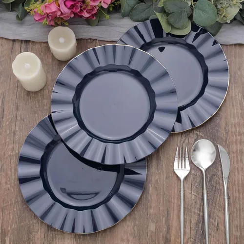 Miniatura 36 de Tableclothsfactory Paquete de 10 platos redondos de plástico negro de 6 pulgadas para ensalada de postre, platos desechables con borde ondulado