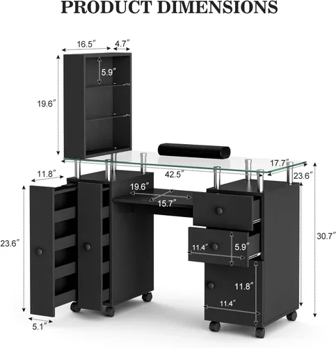 Miniatura 4 de Mesa de manicura con parte superior de vidrio para tecnología de uñas, estación de escritorio resistente a acetona con cajones de almacenamiento