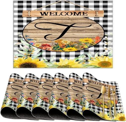 Miniatura 47 de Manteles individuales de bienvenida con diseño de girasol vintage con bandera R con inicial, 1 unidad, estilo granja, para mesa de comedor, cocina