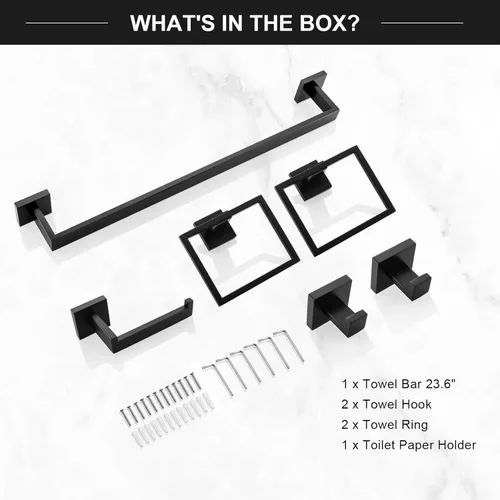 Miniatura 7 de TQKAG Juego de 6 piezas de barras para toallas de baño negro mate, barra para toallas de 23.6 pulgadas de acero inoxidable, anillo para toallas