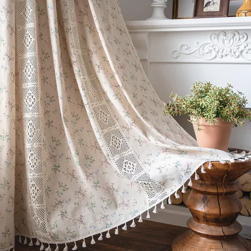 Miniatura 3 de Deeprove Cortinas bohemias para dormitorio, rayas huecas de ganchillo crema y estampado floral, tela de lino de algodón, con borlas beige bohemias
