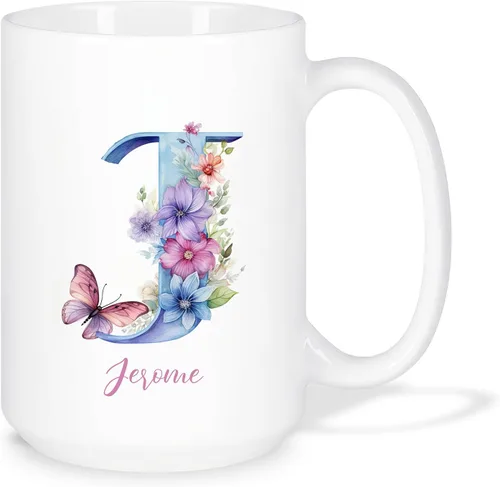 Miniatura 19 de Taza de café personalizada de la letra A del alfabeto, Taza de café blanca con nombre personalizado único, Taza inicial de monograma floral