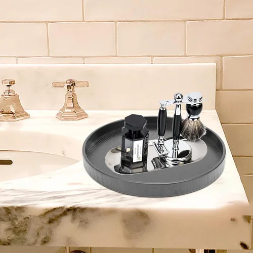 Miniatura 5 de Bandeja de servicio redonda negra, bandeja otomana de nogal de gran tamaño para sala de estar para desayuno en la cama, decoración de mesa auxiliar