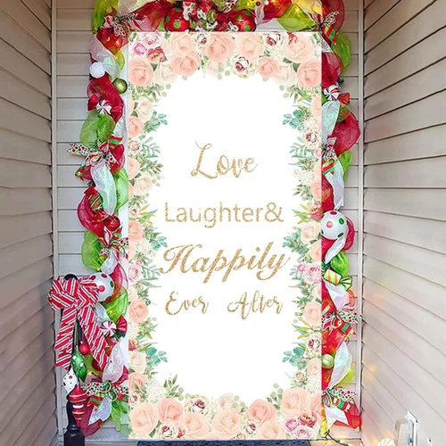 Miniatura 6 de Love Laughter - Cubierta para puerta de boda con 70.8 x 35.4 pulgadas, cartel colgante de despedida de soltera con diseño floral para parejas, Beige