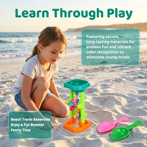 Miniatura 3 de Rueda de agua de arena: reloj de arena de juguete de playa para niños, doble embudo giratorio, torre de derrame con palas para patio trasero, caja