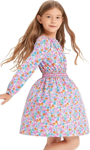 Vestido floral con cintura fruncida para niñas, ropa de juego para la iglesia, vacaciones, vestido midi suave con bolsillos