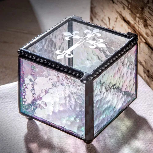 Caja de cristal de la cruz para regalo de la primera comunión católica caja de rosario religioso joyería de recuerdo de la joyería de Christian RCIA