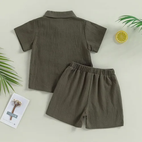 Miniatura 7 de Conjunto de ropa de verano para bebé y niño, con botones, de manga corta, con bolsillo, color liso, para el verano