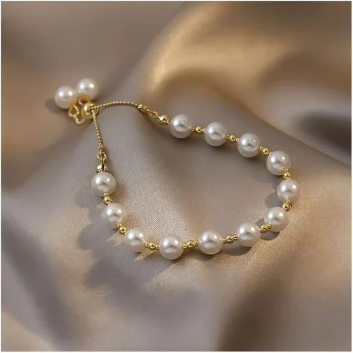 Miniatura 2 de Pulsera de perlas para mujer, pulsera deslizante ajustable dorada, pulsera de cadena delicada, regalo de dama de honor para niñas blancas, Sin gemas.