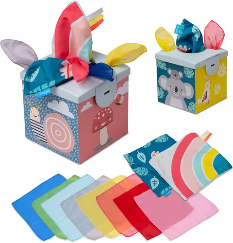 Taf Toys Caja de Pañuelos Sensoriales Arrugados para Niños Pequeños. Juguete STEM Montessori con Pañuelos Suaves Coloridos y Mantitas Crujientes