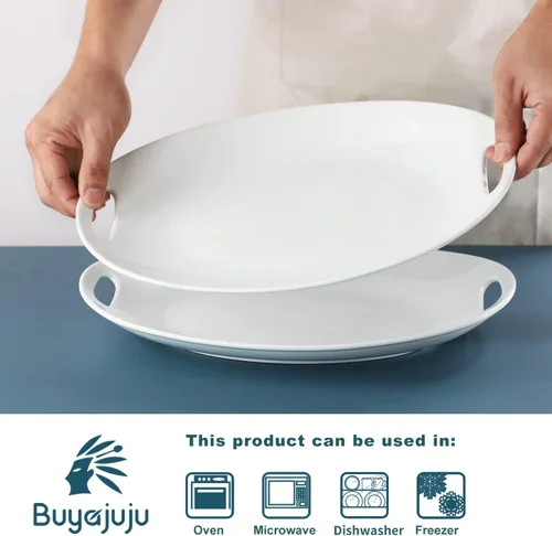 Miniatura 4 de Buyajuju Plato de porcelana con asas, platos para servir de 14 pulgadas para entretener, bandeja ovalada para ensalada, guiso, frutas y pasta, juego