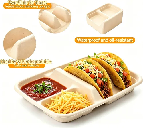Miniatura 2 de Platos desechables para tacos para 2 tacos y 2 lados, paquete de 25 Platos de papel premium con divisores, soporte para tacos de fiesta, soporte