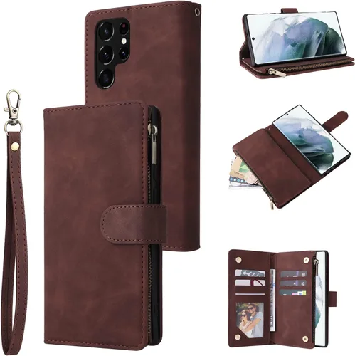 Miniatura 16 de UEEBAI Funda tipo cartera para Samsung Galaxy S22 Ultra 5G, piel sintética con cierre magnético, bolsillo con cremallera, ranuras para tarjetas
