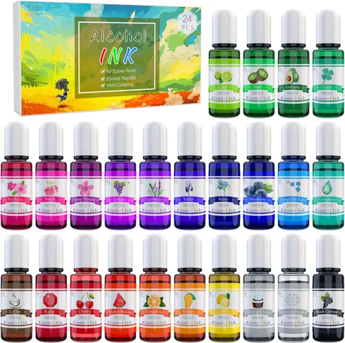 Juego de Tinta de Alcohol - 24 Colores Vibrantes para Arte de Resina, Fabricación de Placas de Petri, Pintura Epoxi - Tinte de Color de Pintura
