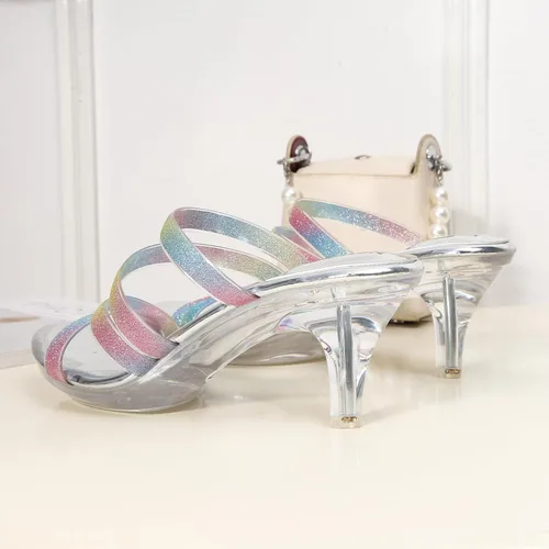 Miniatura 7 de NBUUNBU Tacones transparentes para mujer, tacones negros plateados, con plataforma pequeña, sandalias de tacón alto sexy, sandalias de tacón