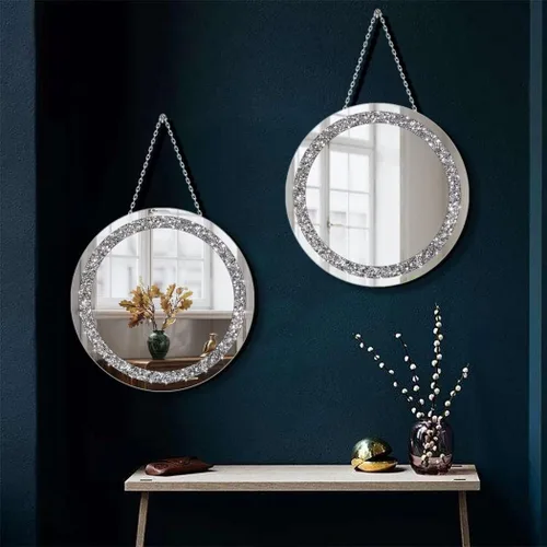 Miniatura 4 de QMDECOR Juego de 2 espejos plateados de cristal estrellado con diamantes, forma redonda, diámetro de 12 pulgadas con cadena de hierro, espejo