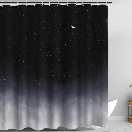 Miniatura 2 de Neasow Cortina de ducha negra, cortina de baño de estrellas y luna nueva, cortinas de ducha de cielo estrellado nocturno
