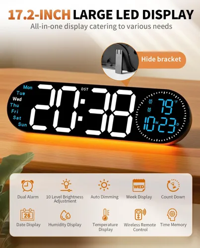 Miniatura 2 de Reloj de pared digital grande de 17.2 pulgadas con control remoto de 9 colores cambiantes, fecha, semana, temperatura, atenuación de brillo