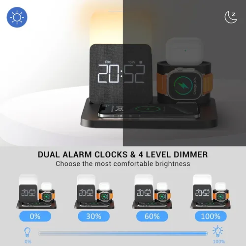 Miniatura 7 de Estación de carga 7 en 1 para iPhone, estación de carga inalámbrica, reloj despertador, luz nocturna, cargador inalámbrico para iPhone 17 16 15 14