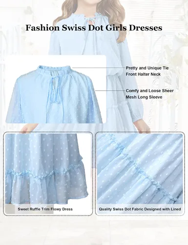 Miniatura 6 de DONWEN Vestido de punto suizo para niña, manga larga, vestido de gasa fluido, vestido de primavera y verano, con lazo frontal, vestidos casuales