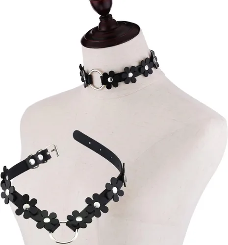 Miniatura 4 de Gargantilla gótica de PU para mujer, 2 piezas, anillo redondo, diseño de flores, collar de cuero para mujer