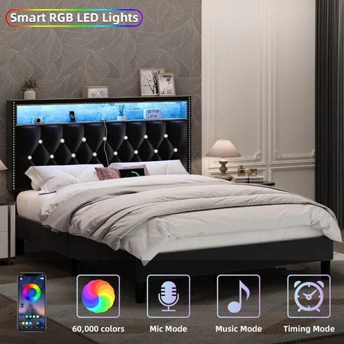 Miniatura 3 de HOMBCK - Base de cama de tamaño matrimonial con estación de carga y cabecera de almacenamiento, marco de cama tapizado de terciopelo con luces LED