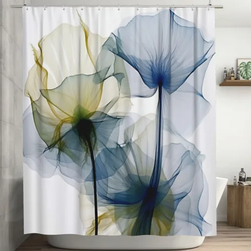 YLATY2772 - Cortina de ducha de flores abstractas para baño, juego de cortina de ducha bohemia floral azul y verde, tela transparente, moderna,