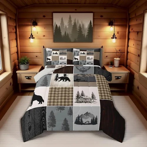 Miniatura 46 de Juego de ropa de cama Happy Camping de Homewish, tamaño individual, con diseño de osos cazadores y pinos, para niños, hombres, adultos, decoración