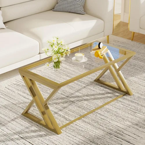 Wolawu Mesa de Centro de Cristal Dorado Mesa de Centro de Cristal para Sala de Estar, Mesa Central Rectangular Moderna con Marco de Metal dorado