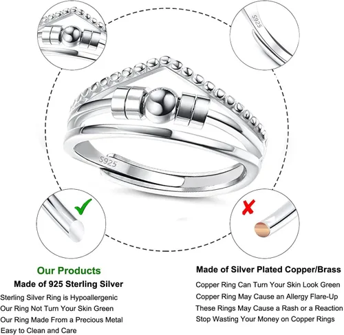 Miniatura 2 de Anillo de plata de ley 925 antiansiedad para mujeres y hombres, anillo de alivio de la ansiedad con cuentas, anillos giratorios para ansiedad