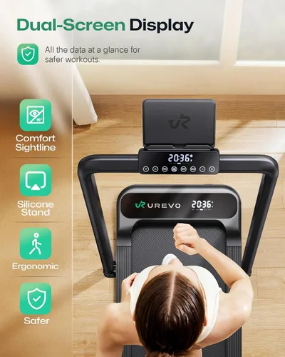 Miniatura 7 de UREVO Smart Treadmill with 9% Incline, 3-in-1 Foldable Treadmill with Handle for Home/Office Fitness, Runner-Focused Design, 6 HIIT Programs & Auto