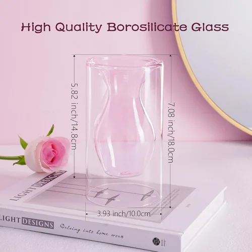 Miniatura 2 de ZENS Florero Pequeño de Flor Rosa Único, Florero de Vidrio Transparente Flotante Doble Hueco, Moderno Jarrón Decorativo Soplado a Mano Fresco