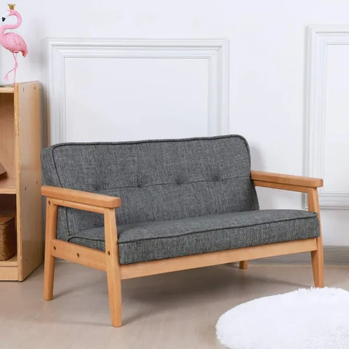 Miniatura 4 de Sofá de doble plaza para niños, sofá para niños con brazo de madera maciza y patrón de lino de PVC para el descanso de los niños (gris oscuro)