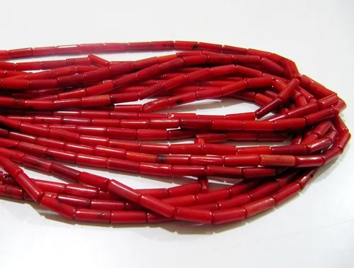 Miniatura 5 de Cuentas de coral rojo perforadas largas de calidad muy agradable, cuentas de coral rojo fuego en forma de tubo, tamaño 0.157 x 0.315 in disponible