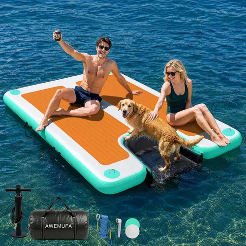 Miniatura 17 de AWEMUFA Muelle flotante inflable con rampa de 5 pies/6 pies/8 pies/10 pies, plataforma flotante flotante, tapete flotante de isla flotante, flotador