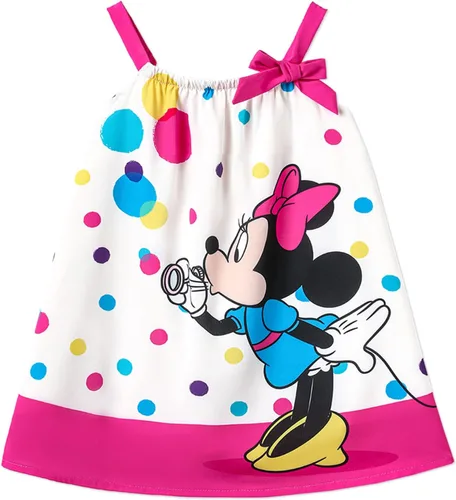 Disney Mickey and Friends Minnie Mouse - Vestido para niña pequeña, estampado de lunares, lazo y correa para el hombro, traje de cumpleaños y