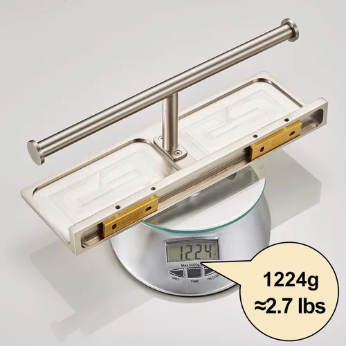 Miniatura 6 de Soporte de papel higiénico de doble rollo con estante de latón macizo y dispensador de pañuelos de estilo hotelero superior, almacenamiento