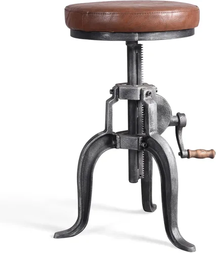 Topower Taburete de manivela industrial antiguo de hierro fundido Silla de tres patas Taburete de bar de cuero PU