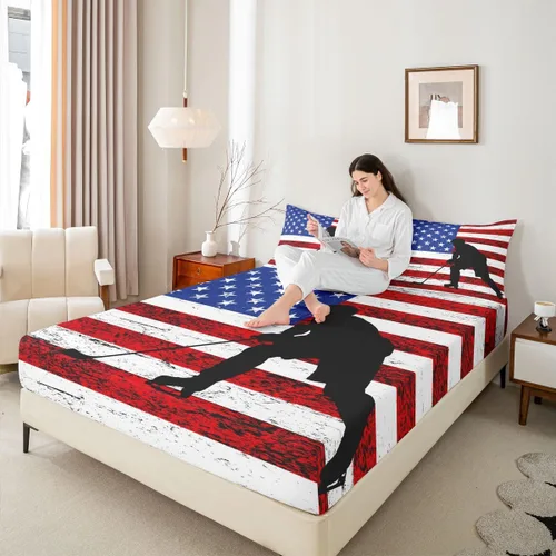 Miniatura 3 de Erosebridal American Flag Fitted Sheet Twin, Hockey Bedding Set United States Sports Games Bed Sheets for Kids Boys Teens Bedroom, Red White